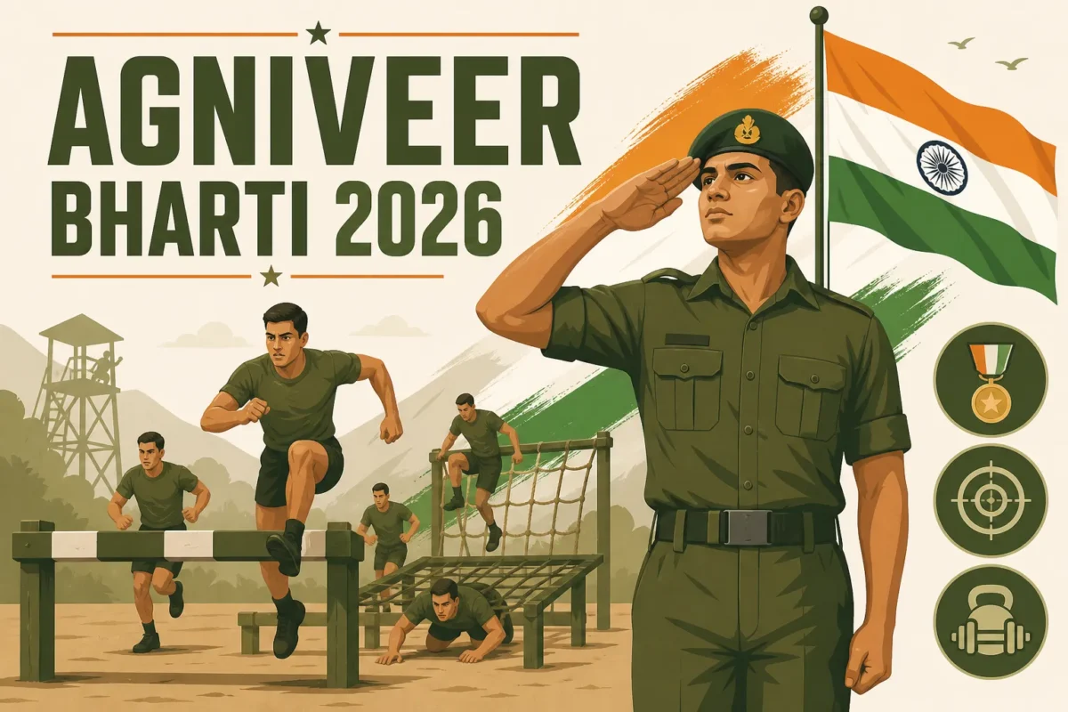 अग्निवीर भर्ती 2026 - शारीरिक प्रशिक्षण करते और सैल्यूट करते युवा अग्निवीर
