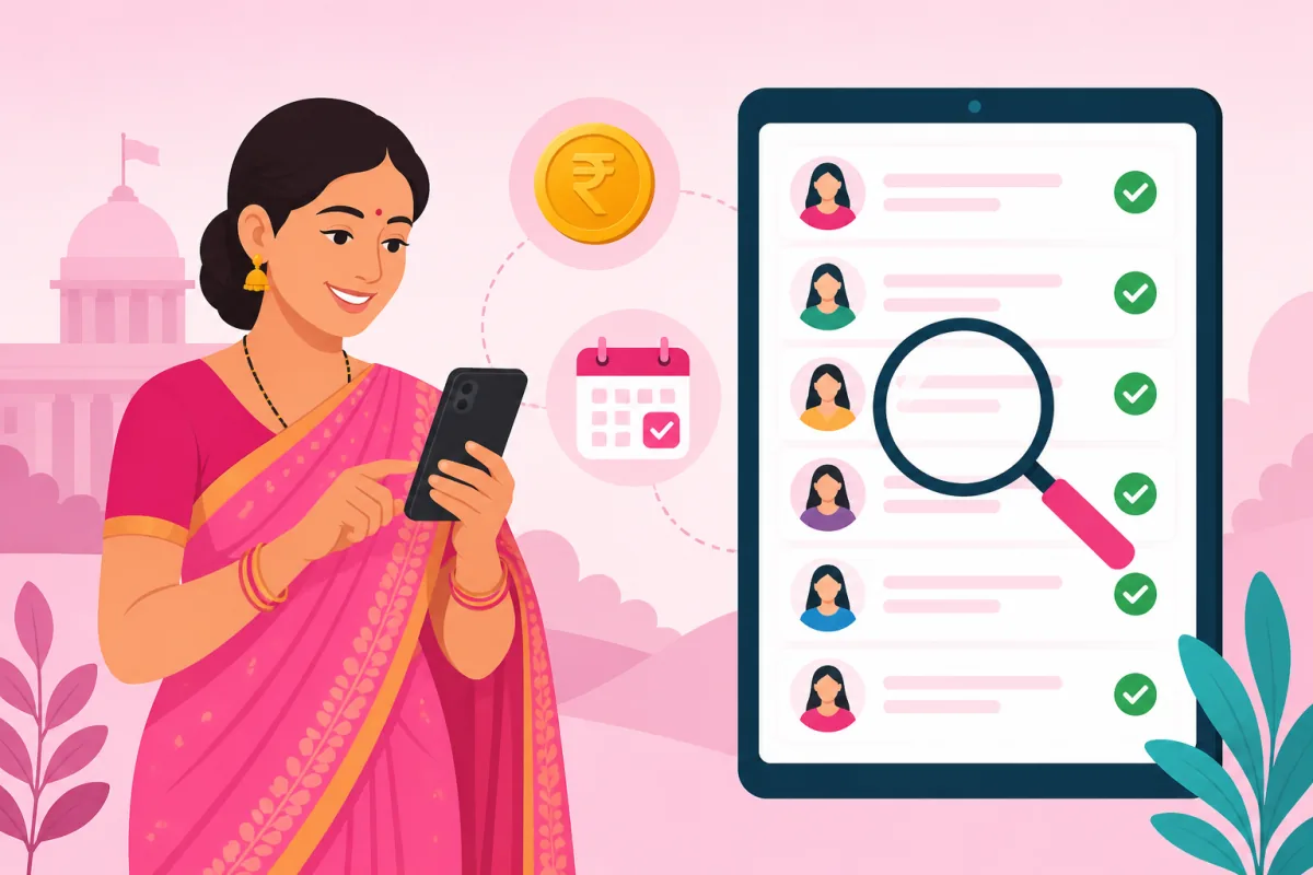 लाडली बहना योजना लिस्ट नाम चेक — मोबाइल से लाभार्थी सूची में नाम खोजते हुए महिला