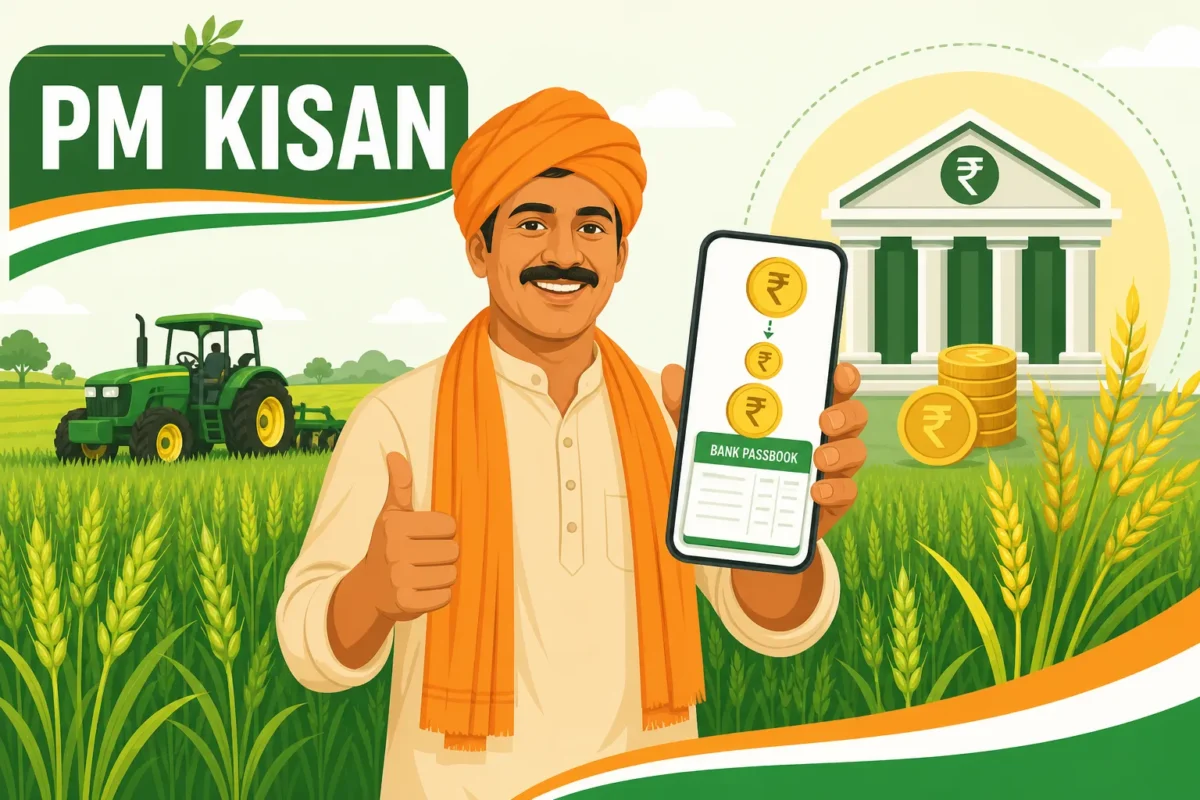 पीएम किसान योजना - खेत में मोबाइल पर किस्त का स्टेटस चेक करता किसान