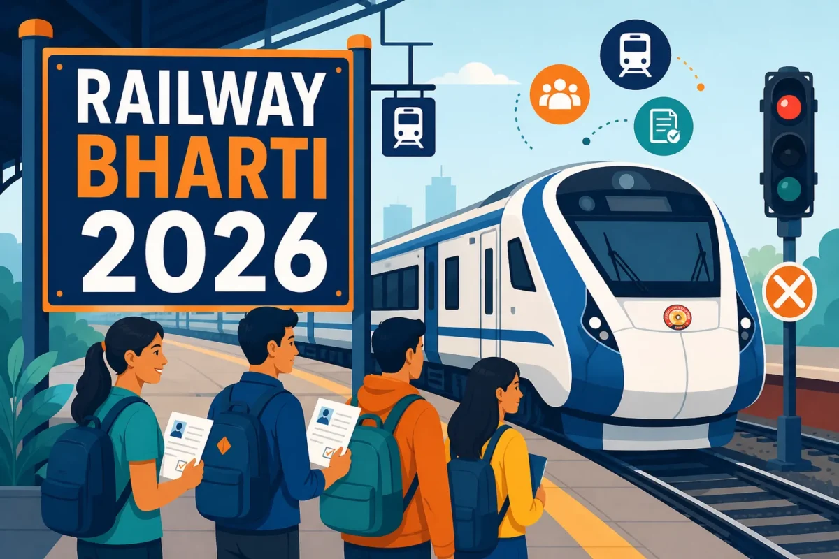 रेलवे भर्ती 2026 - आरआरबी ग्रुप डी और एनटीपीसी परीक्षा की तैयारी करते उम्मीदवार और ट्रेन