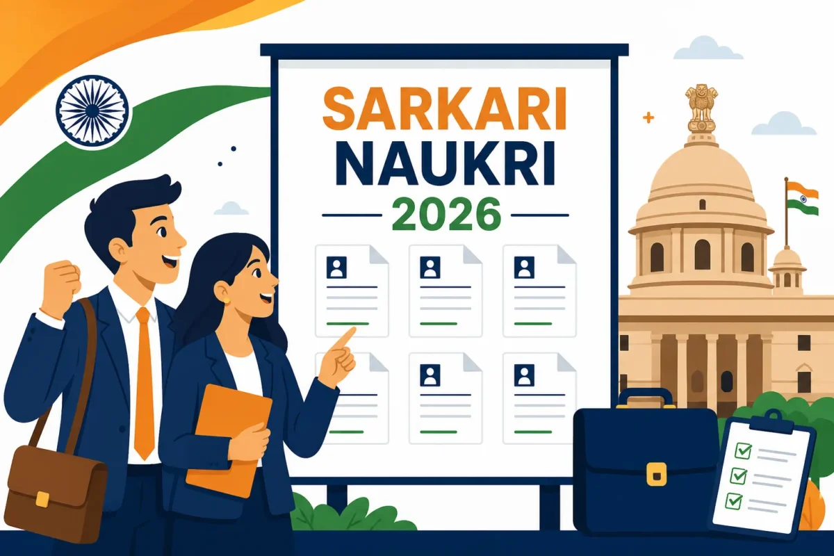 सरकारी नौकरी 2026 - रेलवे, बैंक, पुलिस की नई भर्तियों की जानकारी देखते युवा उम्मीदवार