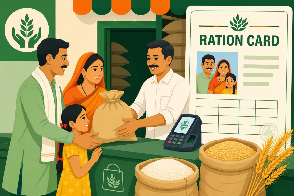 यूपी राशन कार्ड लिस्ट - उचित दर दुकान पर राशन लेता परिवार और राशन कार्ड